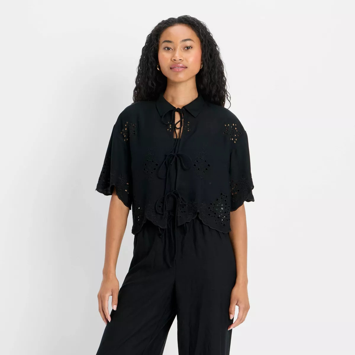 Women's Short Sleeve Embroidered Tie-Front Blouse - Future Collective | Target