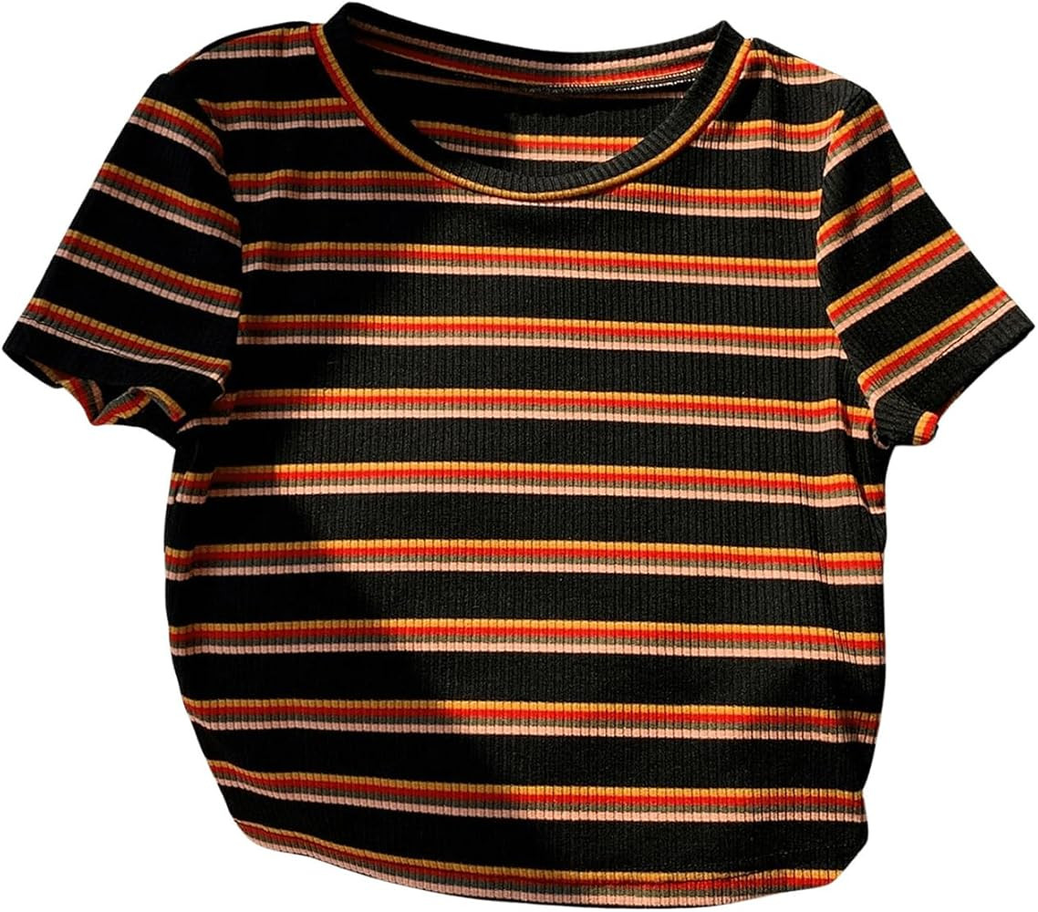 RoseSeek Women's Striped Colorblock T Shirt Short Sleeve Crew Neck Ribbed Knit Crop Tops | Amazon (US)