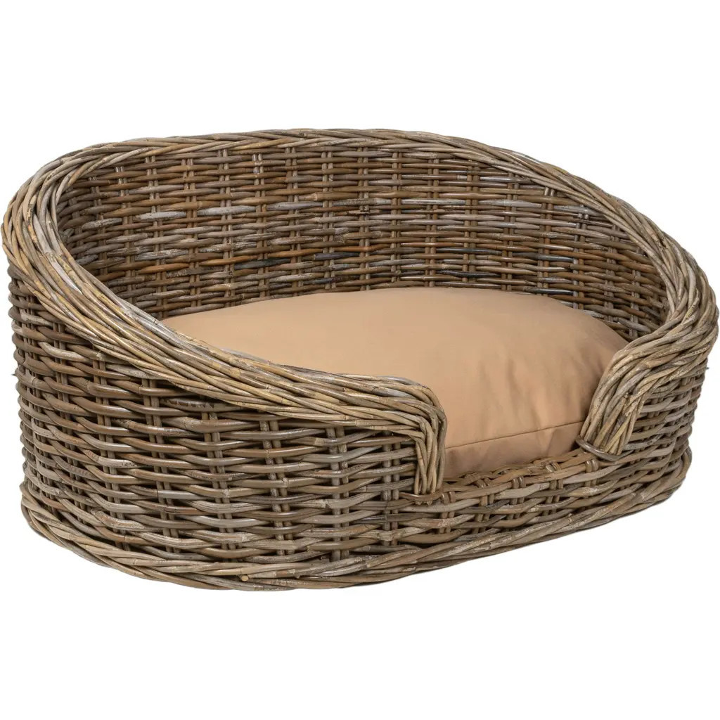 The Licker Store Curvy Classic Handwoven Rattan Pet Bed with Machine-Washable Cushion in Kubu Gray (28.5L X 17.5W) at Nordstrom, Size Small | Nordstrom