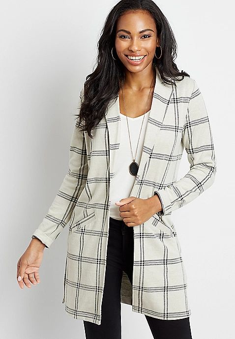 Menswear Plaid Open Front Duster Blazer | Maurices