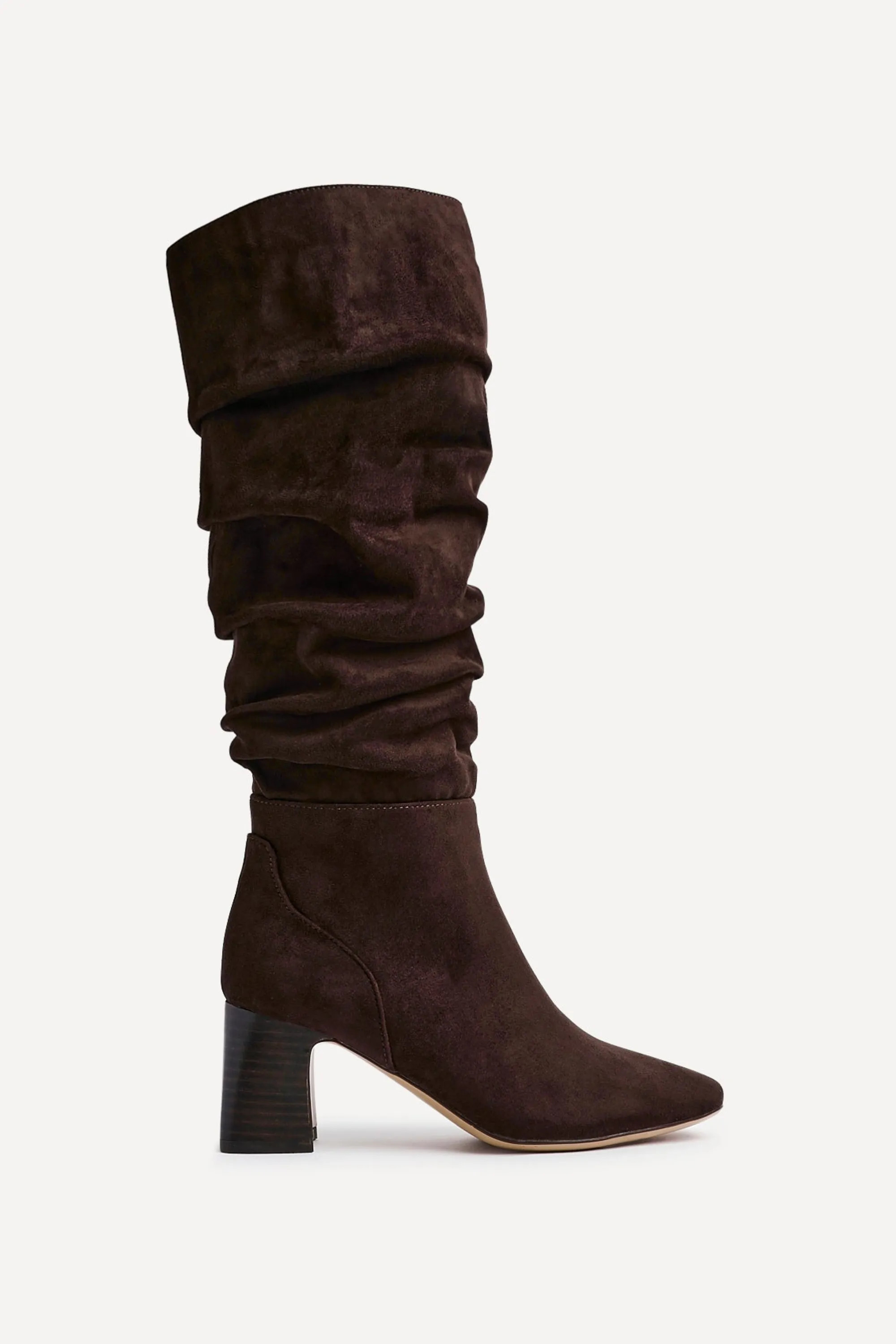 Boots | Alpine Dark Brown Faux Suede Ruched Long Boot | Linzi | Debenhams UK