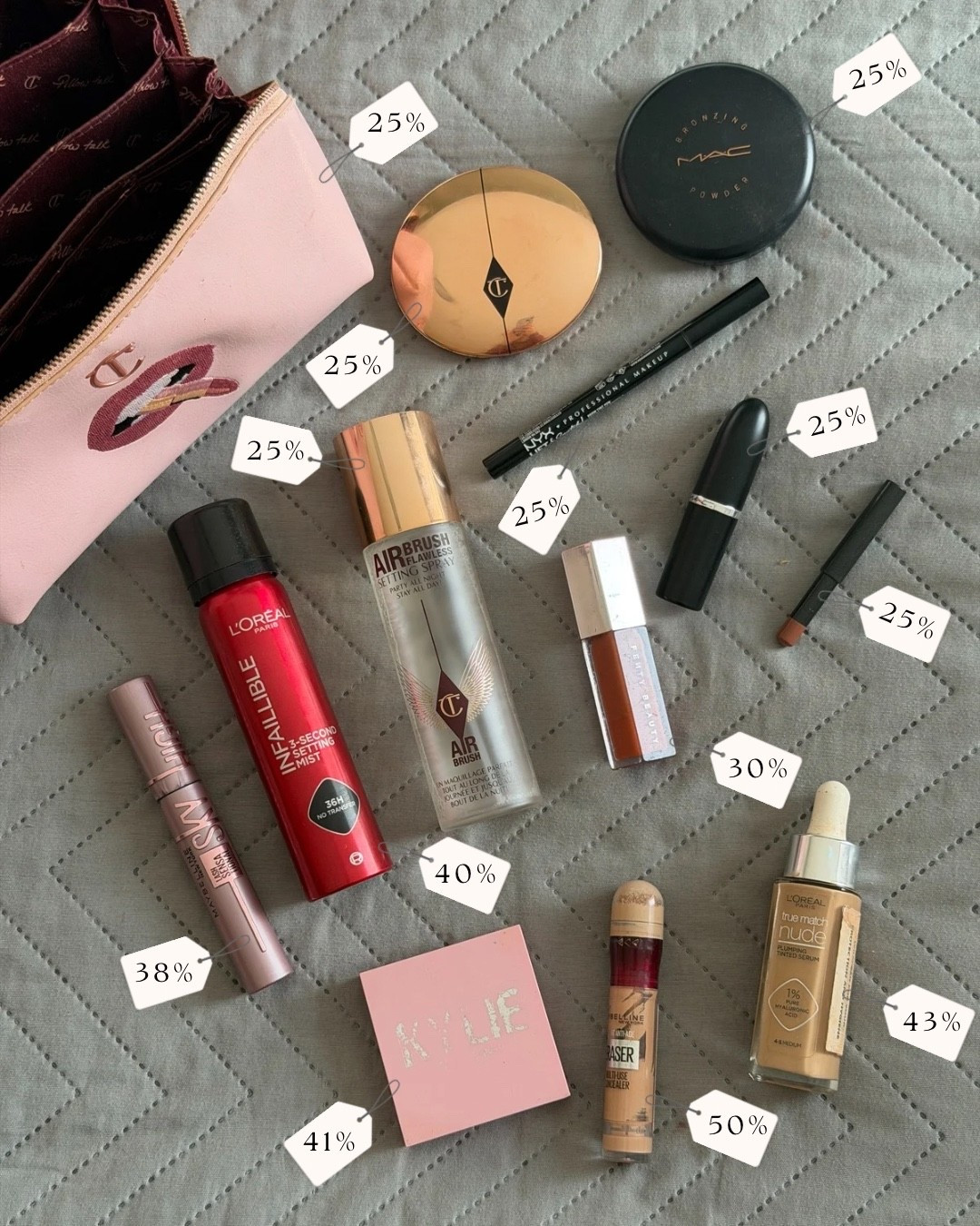 My current make up bag and all the best discounts I have found for each product!

Skin tint - shade 4-5
Concealer - shade light 01
CT powder - shade 2 
MAC bronzer - give me sun
Kylie blusher - Baddie on the block
FENTY gloss- FENTY glow
MAC lipliner - stripdown 
Mac lipstick - modesty
NYX Brow pen - brunette 

Look fantastic code SARAHROBERTSLF 

#LTKgiftguide #LTKbeauty #LTKCyberWeek