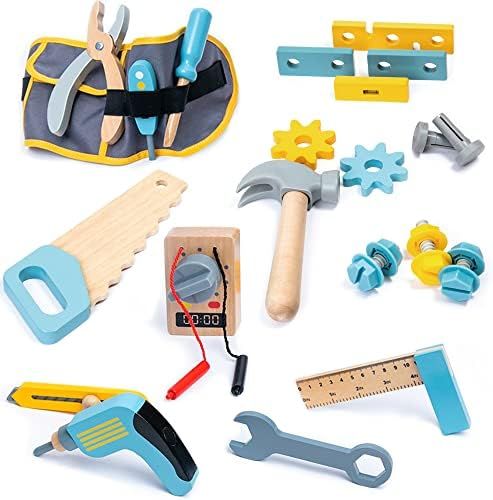 Amazon.com: iPlay, iLearn Wooden Kids Tool Set Toy, Toddler Pretend Play Tools Belt, Wood Constru... | Amazon (US)