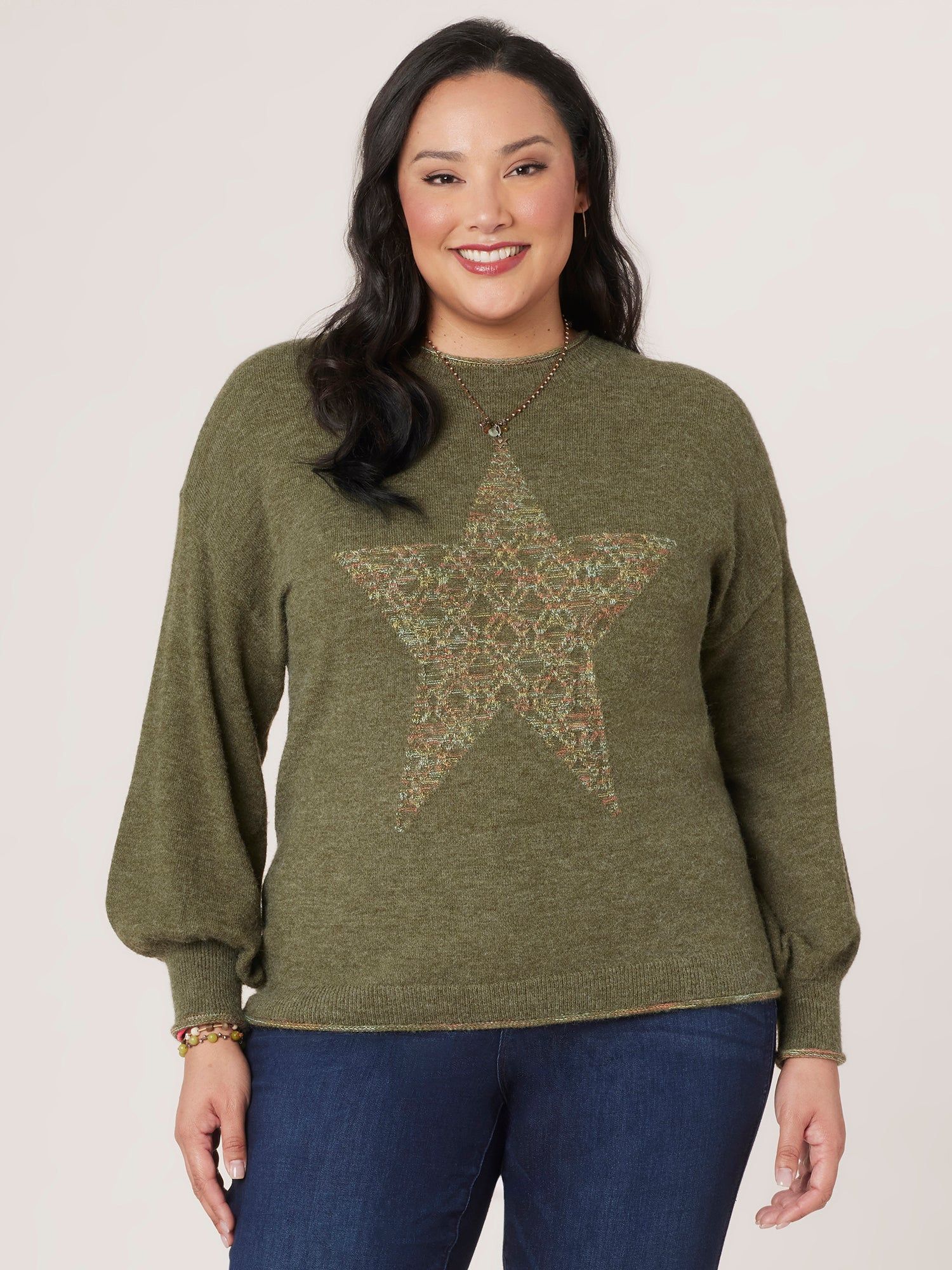 Long Blouson Sleeve Space Dye Star Front Back Seam Plus Size Sweater | Democracy Clothing