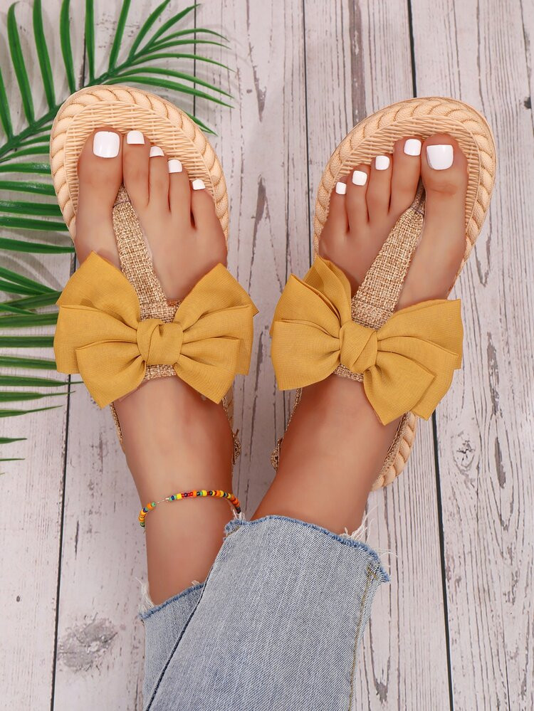 Women Bow Decor Toe Post Slingback Flat Sandals, Vacation Outdoor Polyester Thong Sandals | SHEIN