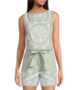 Woven Linen Floral Embroidered Boat Neck Sleeveless Crop Mod Coordinating Top | Dillard's