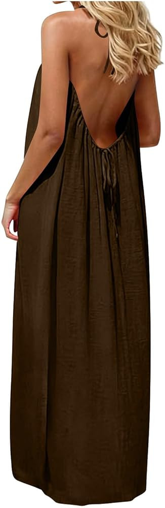 Backless House Dress Backless Dresses for Women Open Back Halter Maxi Dress Sleeveless Long Lounge Dress Spring Lounge Dresses Coffee at Amazon Women\u2019s Clothing store | Amazon (US)