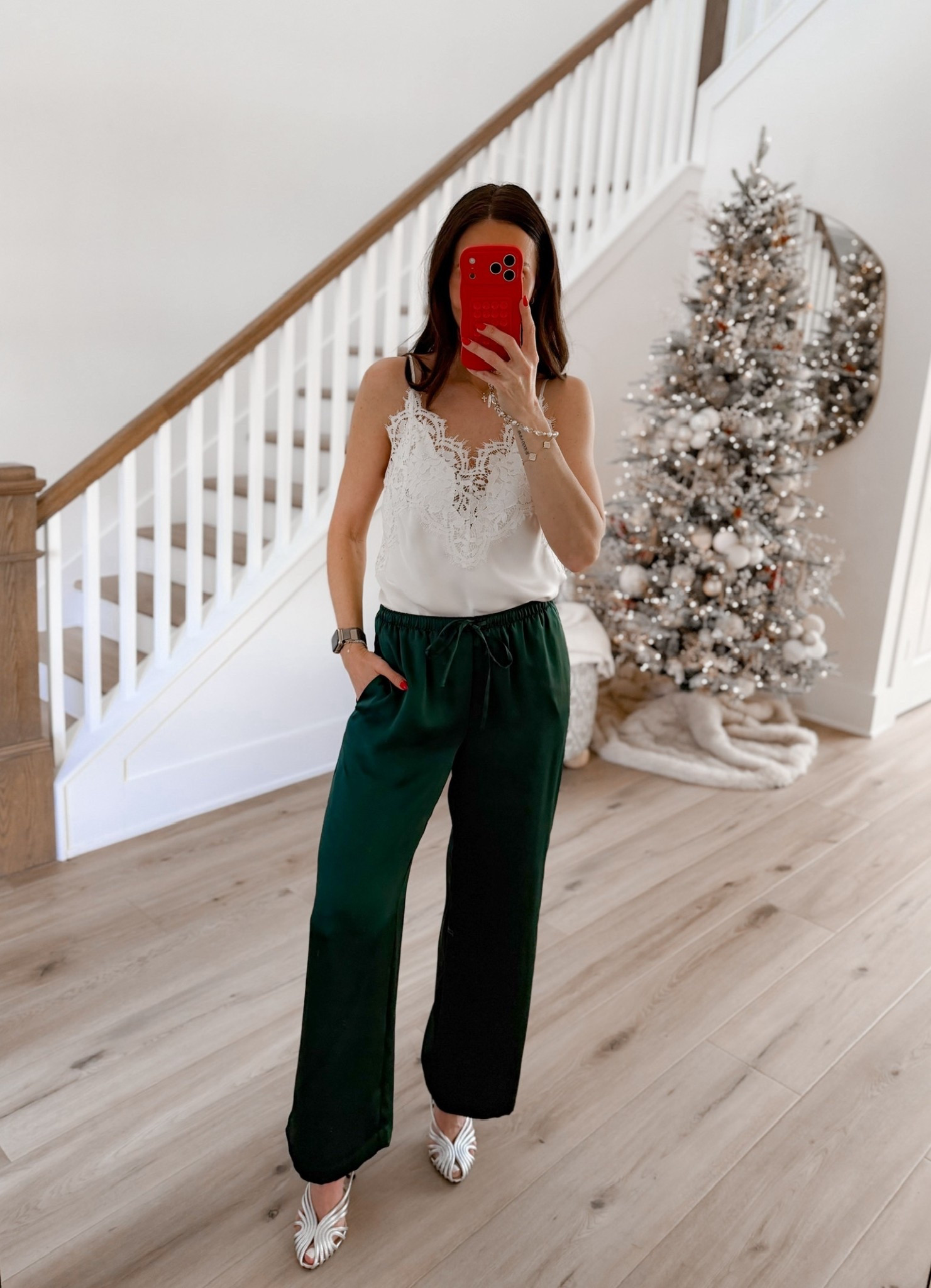 Holiday outfit, Green wide leg pants, Lace top, Heels, Winter outfit inspo 

#LTKSeasonal #LTKHoliday #LTKOver40