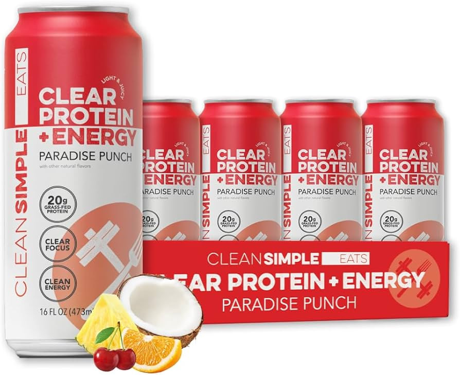Clean Simple Eats Clear Protein + Energy Drink, 20G Grass Fed Whey Protein Isolate, 100MG Natural... | Amazon (US)