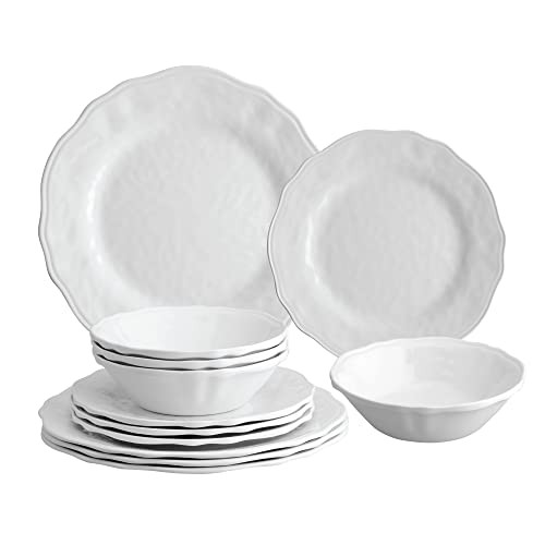 UPware 12 Piece Dimple Melamine Dinnerware Sets, Outdoor Dishes Set, Plates and Bowls Sets, Service for 4, White | Amazon (US)