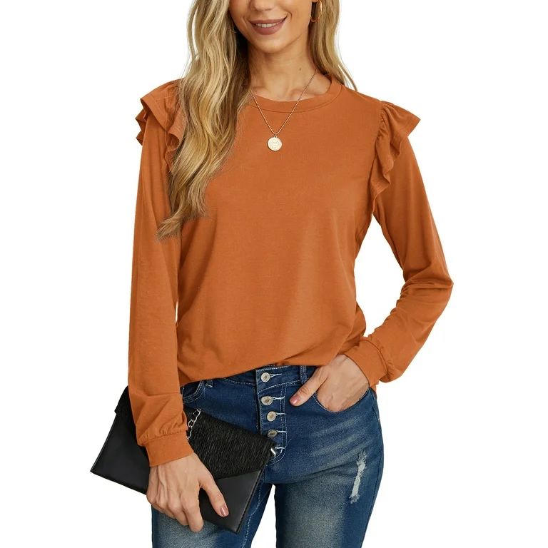 JWD Long Sleeve Shirts for Women Knit Tops Casual Crewneck Ruffle Tops Loose Fit Caramel-Large - ... | Walmart (US)