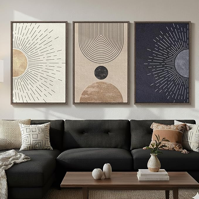 Amazon.com: Framed Large Boho Neutral Abstract Wall Art for Living Room, Black Beige Sun and Moon... | Amazon (US)