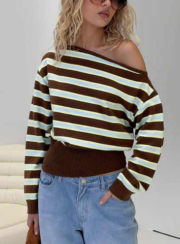 Zinia Off Shoulder Knit Sweater Brown / Blue Stripe | Princess Polly US