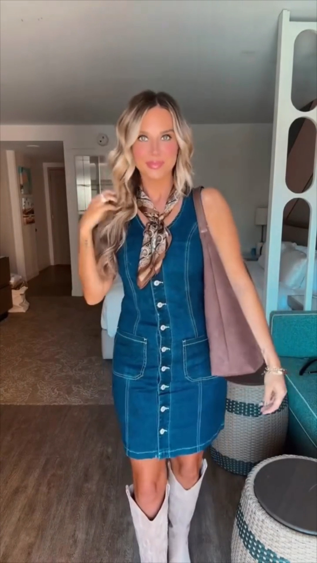 This denim dress from today’s Palm Springs outfit is absolutely the best and most comfortable denim dress! It’s so stretchy and can be styled so many ways depending on the season! Love it with this patterned silk scarf for warmer weather and linking a favorite long sleeve I wear with this dress when it's a little cooler.

I am 5’6 138lbs wearing size small denim dress, suede boots fit true to size. Medium seamless wireless bra (34C), small shape shorts 

 #LTKSeasonal #LTKFindsUnder100 #LTKStyleTip