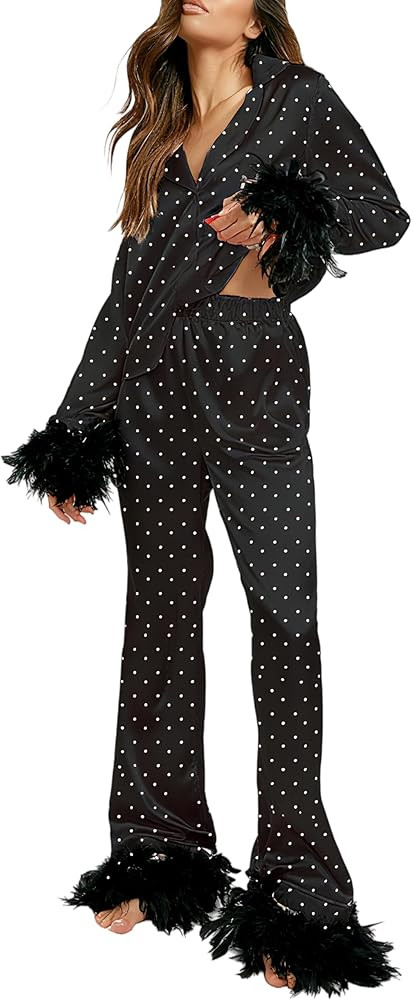 Silky Feather Pajamas Women Long Sleeve Satin Pajama Set Faux Fur Trim Satin Pjs Pants Cute 2 Pie... | Amazon (US)