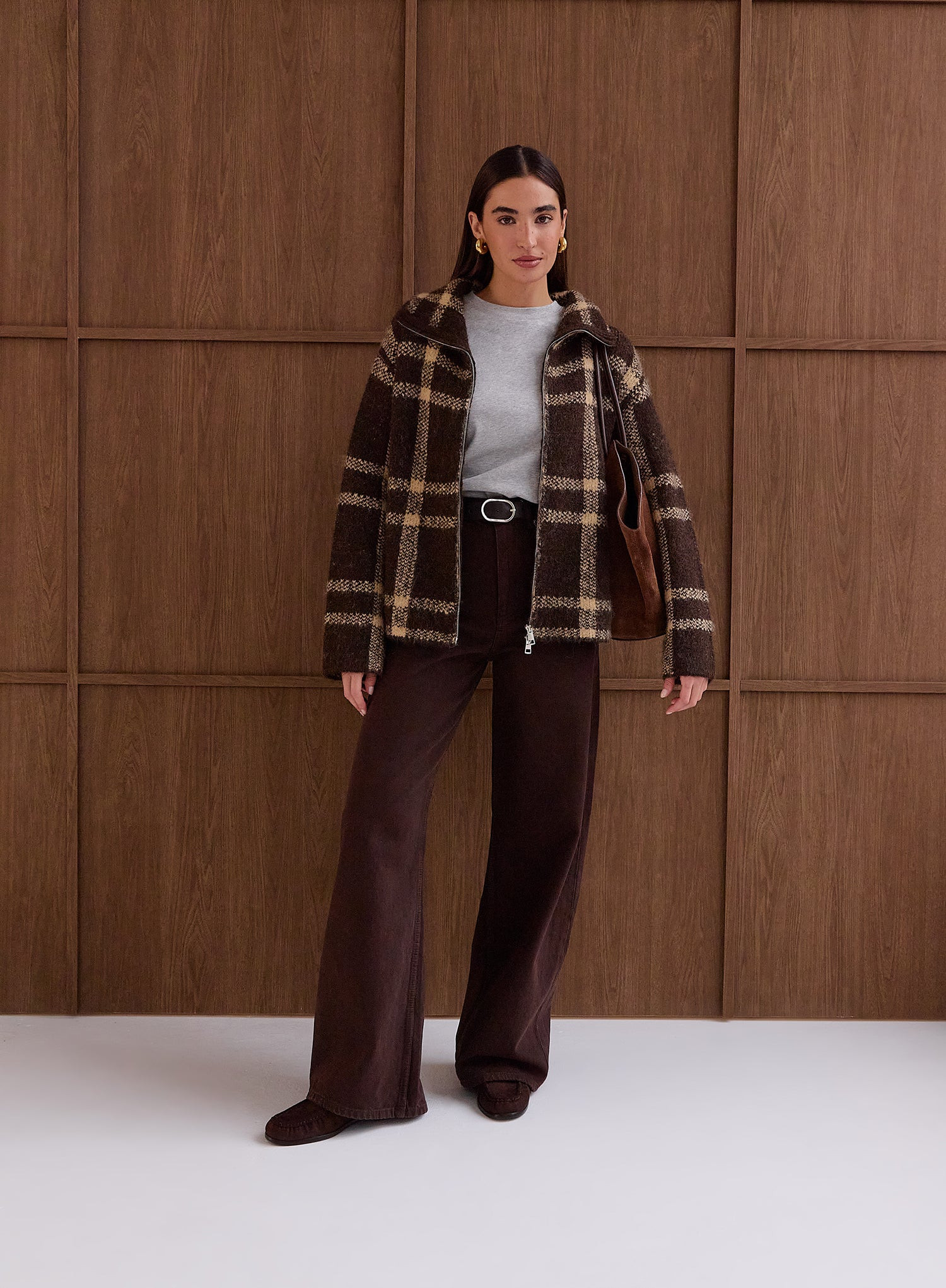 Chocolate Checked Knitted Zip Jacket- Samira | 4th & Reckless