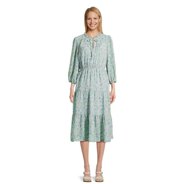 Time and Tru Women's Tiered Midi Dress with Puff Sleeves, Sizes XS-XXXL - Walmart.com | Walmart (US)
