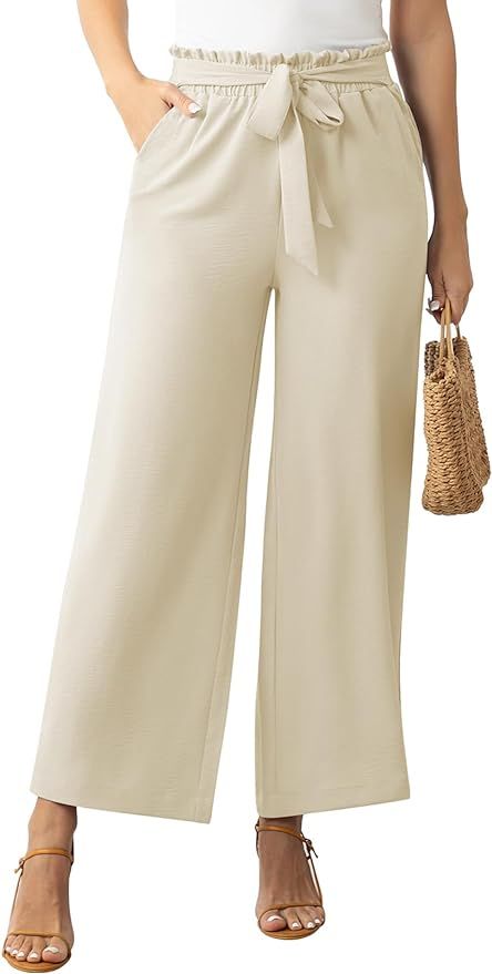 Yawburk Womens Wide Leg Lounge Pants High Waisted Business Work Casual Pants Adjustable Tie Knot ... | Amazon (US)