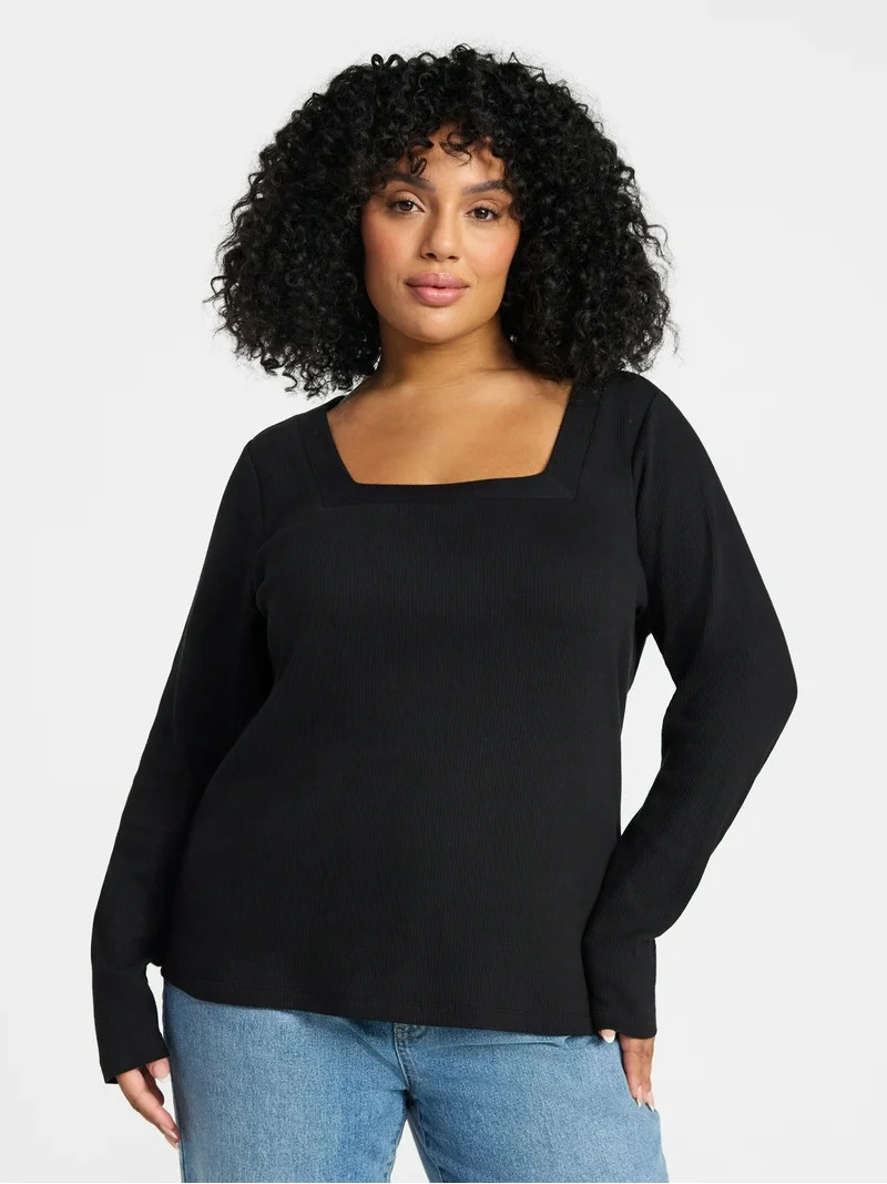 Terra & Sky Women's Plus Size Long Sleeve Square Neck Rib Top, Sizes 0X-5X | Walmart (US)