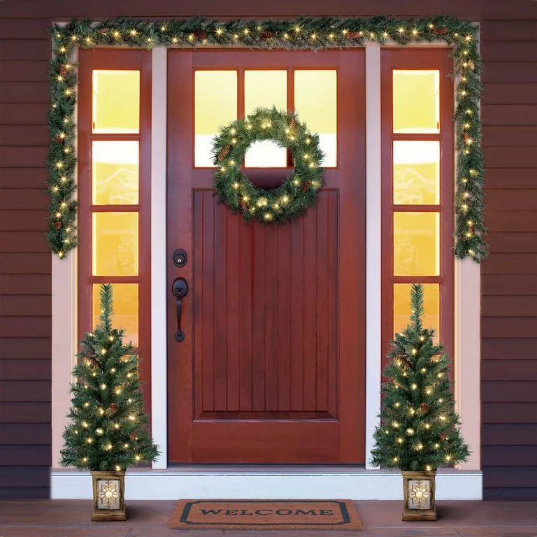 5-Piece Prelit Artificial Christmas Tree Entryway Set with Warm White LED Lights, Holiday Time | Walmart (US)