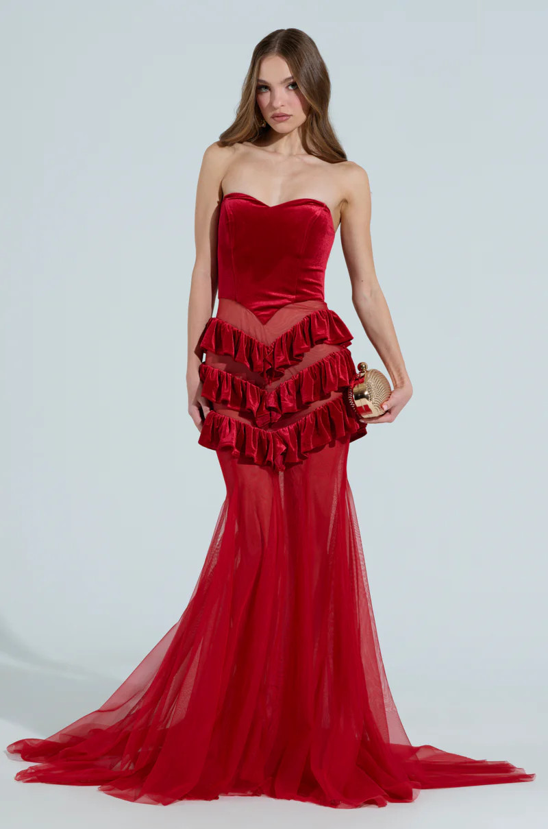 LIGHTS AND ACTION MAXI DRESS IN RED | AKIRA