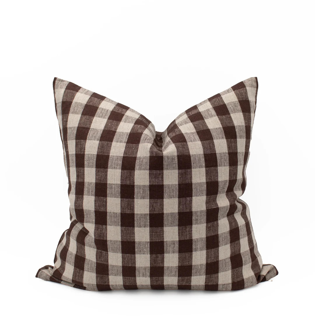 Brown Gingham Pillow Chocolate Brown Checkered Pillow Coffee Plaid Cushion Linen Throw Pillow Cov... | Etsy (US)
