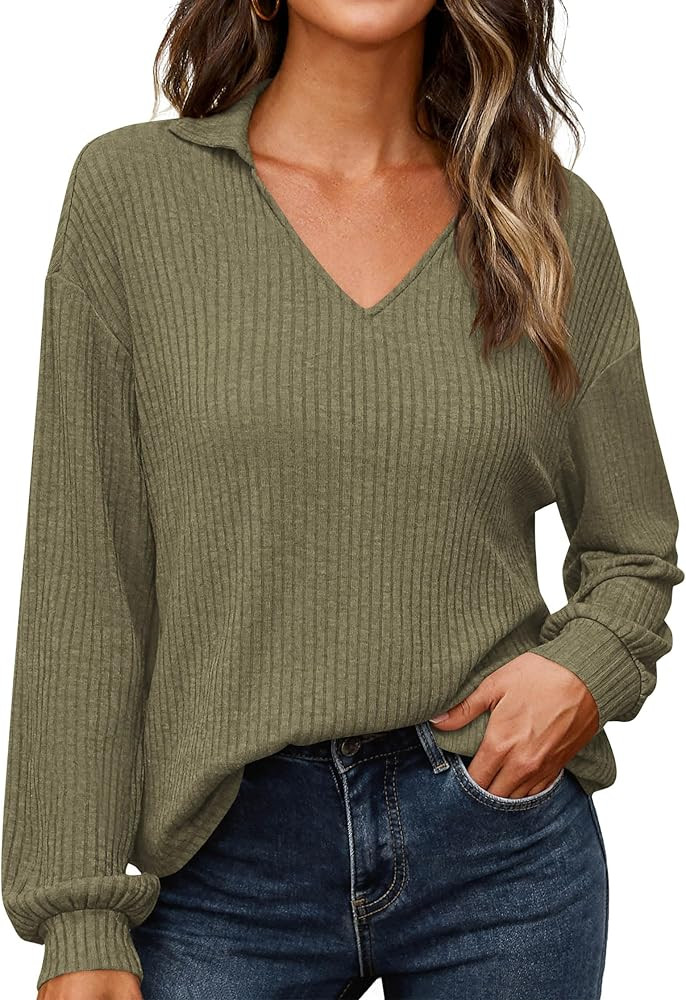 KIRUNDO Long Sleeve Shirts for Women 2025 Fall Fashion Outfits Going Out Tops Collar V Neck Blous... | Amazon (US)