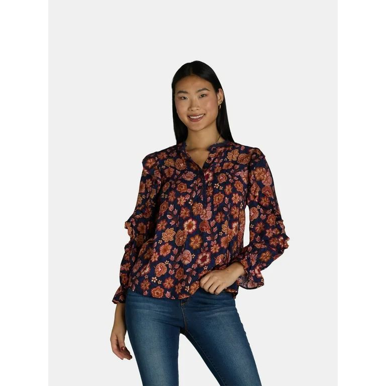 The Pioneer Woman Pleated Ruffle Blouse, Women’s, Sizes S-3X | Walmart (US)