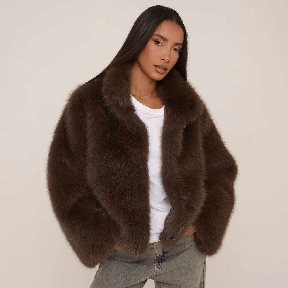 Collared Jacket In Chocolate Brown Faux Fur | EGO (UK)