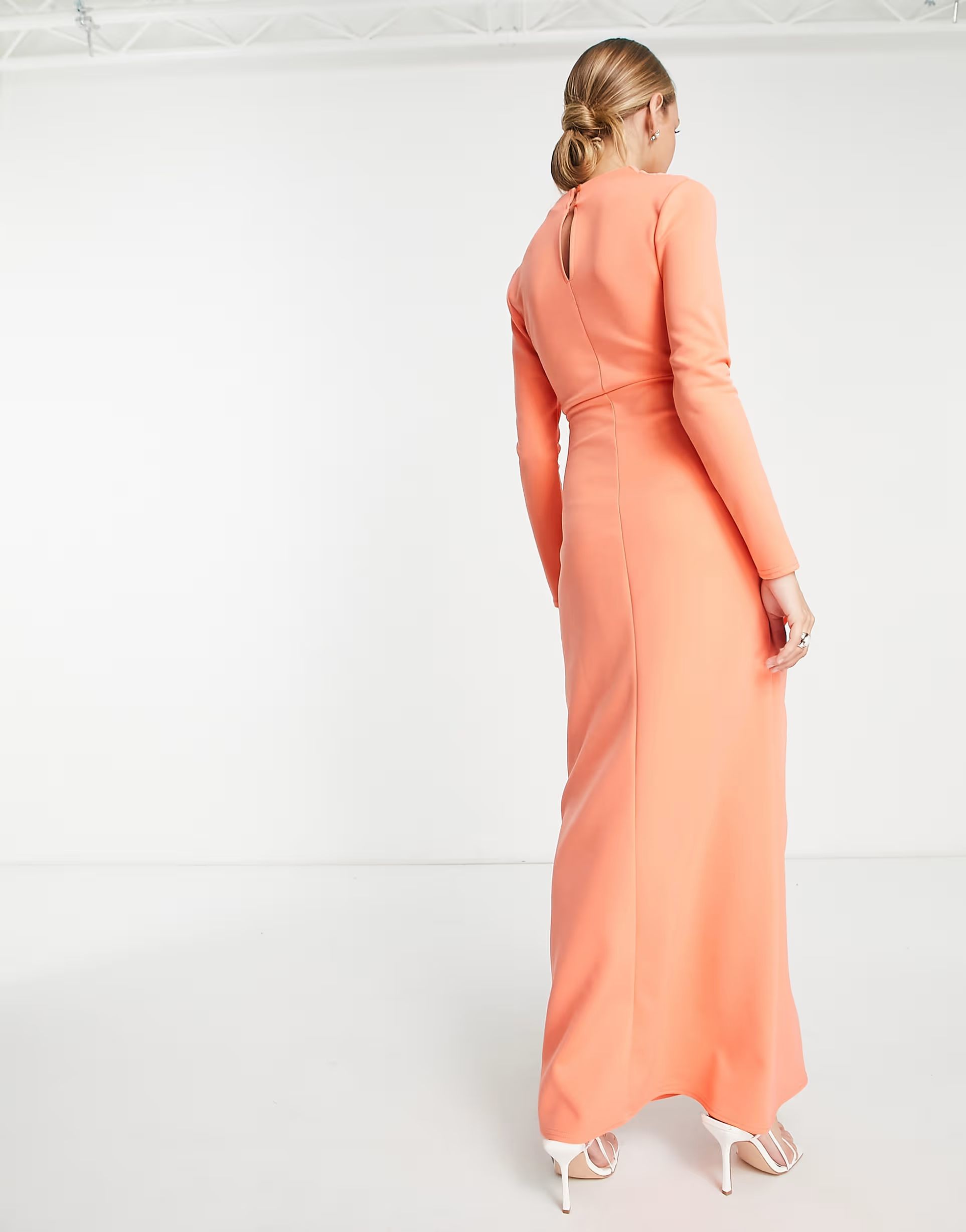 ASOS DESIGN long sleeve maxi dress with ruffle front in deep coral | ASOS (Global)