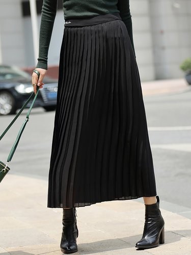 Black Pleated Plain A-line Simple Midi Skirt | StyleWe (US)