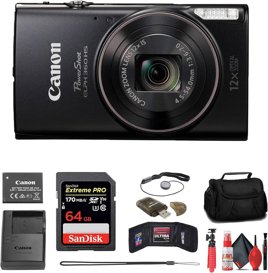 Canon PowerShot ELPH 360 HS Digital Camera (Black) (1075C001) + 64GB Memory Card + Case + Card Re... | Amazon (US)