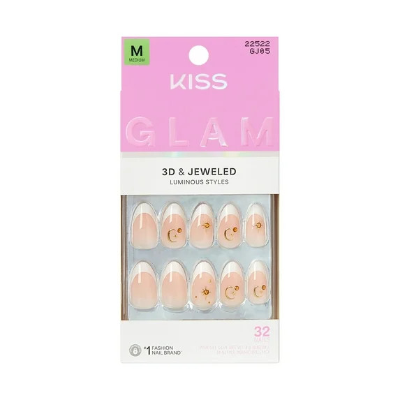 KISS GLAM 3D & Jewel Press On Nails  Almond, ‘Zephyr’, Neutral, Medium Length, 32 Count | Walmart (US)
