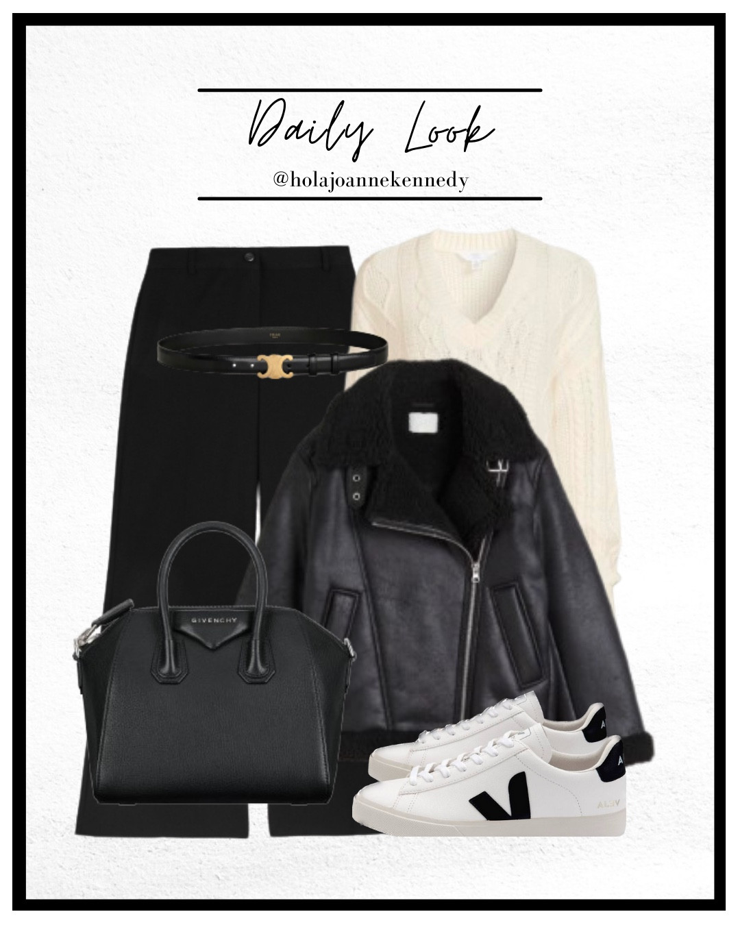 smart casual outfit, winter fashion, black aviator jacket, tailored trousers, Veja trainers, cable knit sweater, Givenchy bag, chic street style, everyday fashion, UK fashion inspo, neutral outfit, monochrome outfit 

#LTKworkwear #LTKuk #LTKeurope