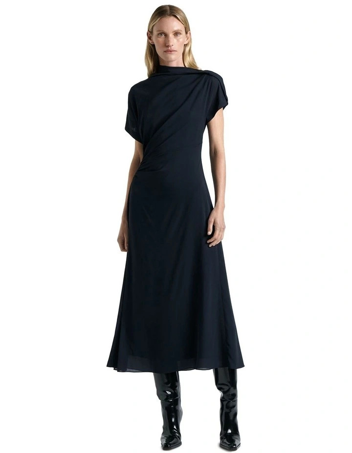 CueDraped Fold Neck Midi Dress in Blue | Myer
