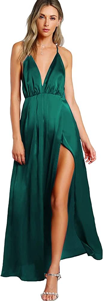 Amazon.com: SheIn Women's Sexy Satin Deep V Neck Backless Maxi Club Party Evening Dress Dark Gree... | Amazon (US)