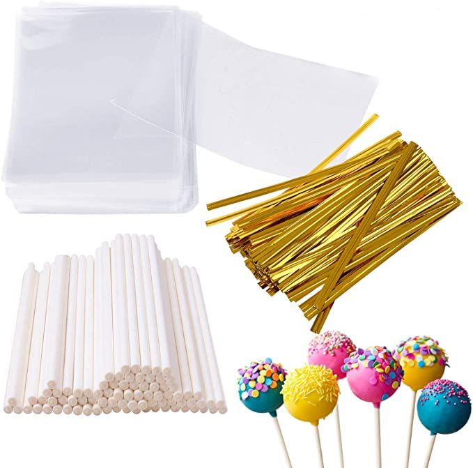 Augshy 300 Pcs Set Including 100 Pack Lollipop Treat Sticks,100 Pieces of Lollipop Parcel Bags an... | Amazon (US)