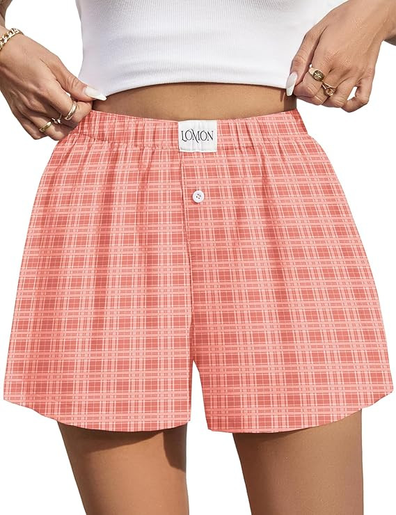 LOMON Womens Boxer Shorts Casual Summer Cotton Pajama Lounge Sleep Pj Gingham Plaid Shorts Y2K Be... | Amazon (US)