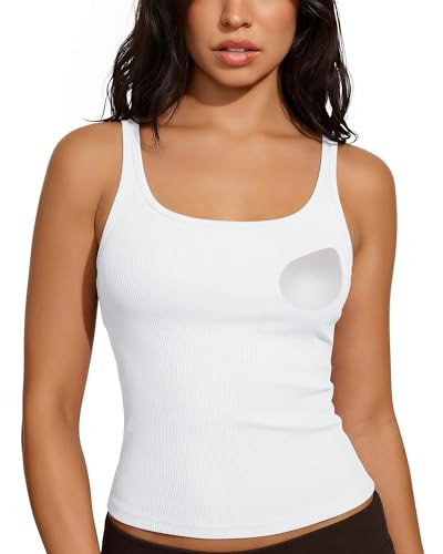 SUUKSESS Women Cotton Ribbed Tank Tops with Built in Bra Summer Going Out Sleeveless Basic Camisole Tops (Snow White, S) | Amazon (US)