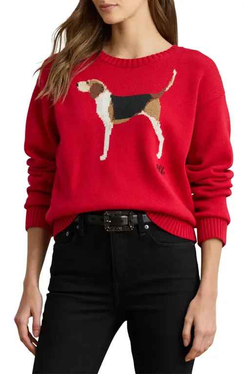 Lauren Ralph Lauren Intarsia Foxhound Sweater in Ralph Red Multi at Nordstrom, Size Large P | Nordstrom