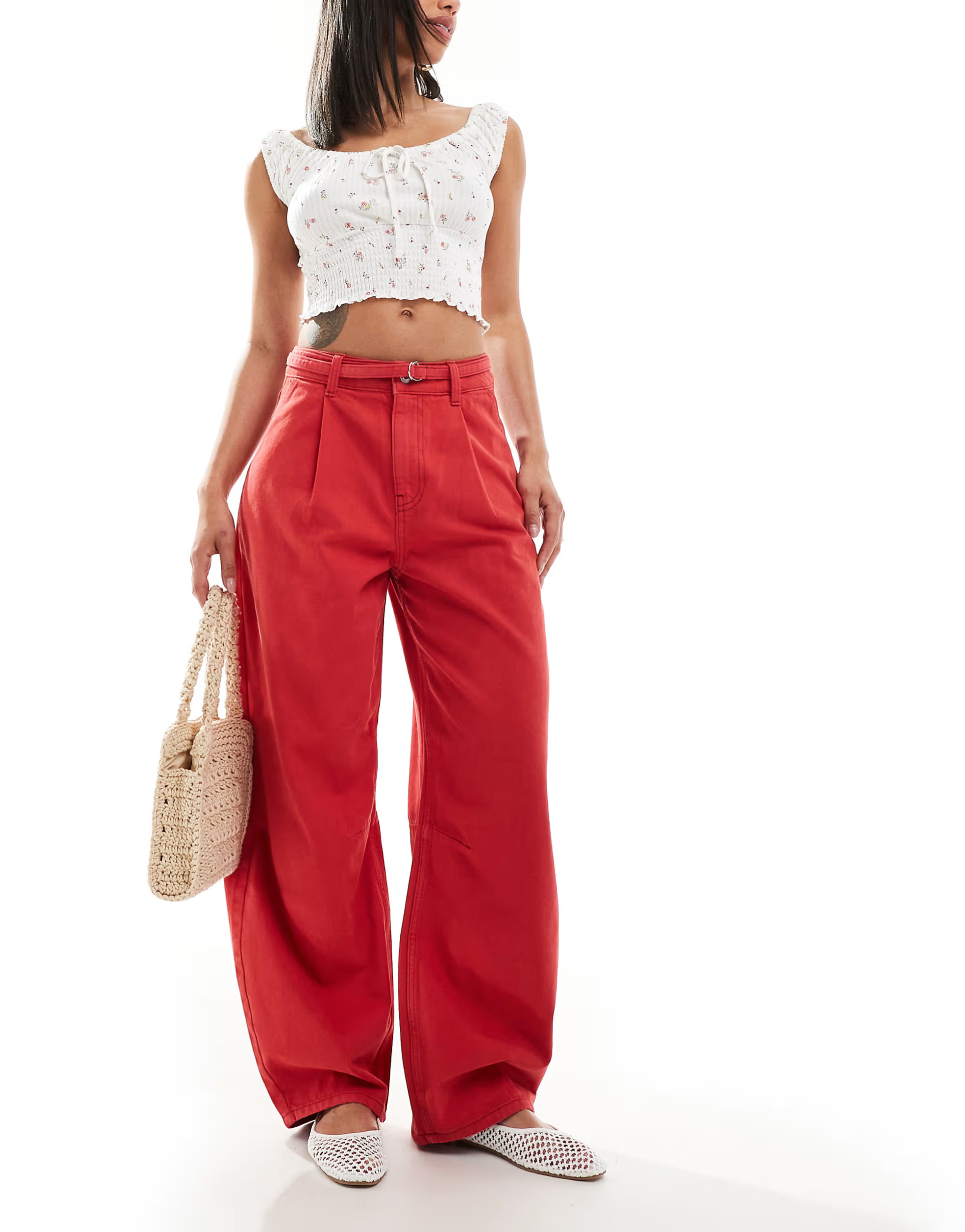 ASOS DESIGN lightweight barrel jean with belt in red | ASOS | ASOS (Global)