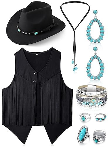 Suhine 9 Pack Western Outfits for Women Cowgirl Fringe Vest Boho Cowboy Hat Turquoise Jewelry Kit for Halloween Costume(Small,Black) | Amazon (US)