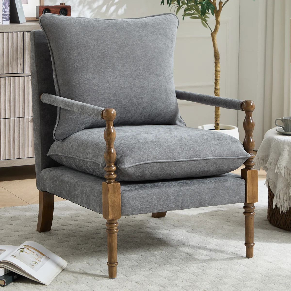 Chenille Accent Chair, Spindle Accent Chair with Upholstered Armrests, Farmhouse Accent Chair wit... | Wayfair North America