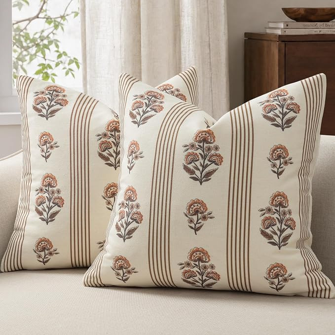 Vintage Throw Pillow Covers 18x18 Set of 2, Striped Floral Fall Pillow Cover Botanical Patterned ... | Amazon (US)