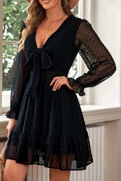 Swiss Dot Front Knot Ruffled Long Sleeve Dress | Evaless