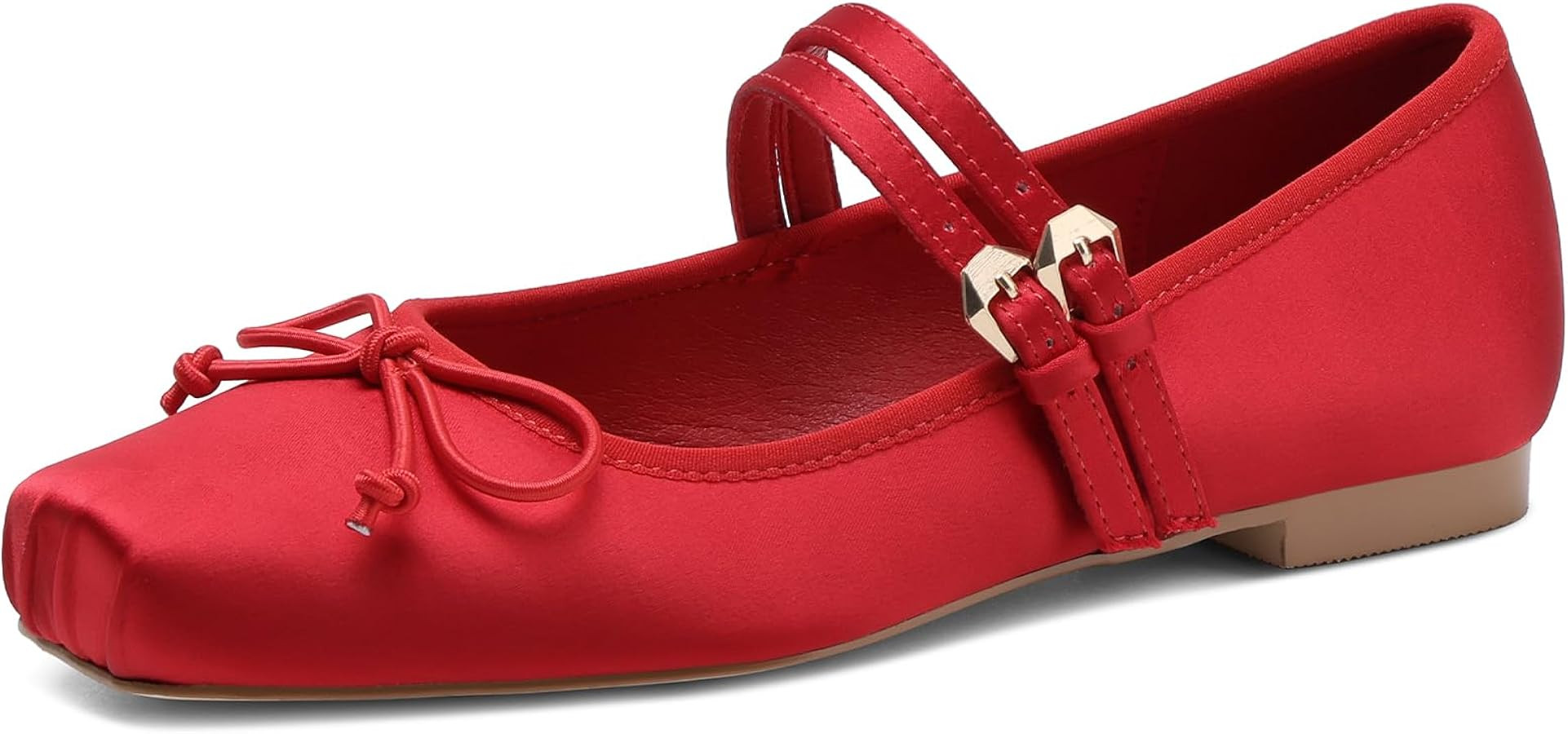Ballet Flats for Women Closed Square Toe Low Heel Flats with Bow Double Buckle Straps Dress Cute ... | Amazon (US)