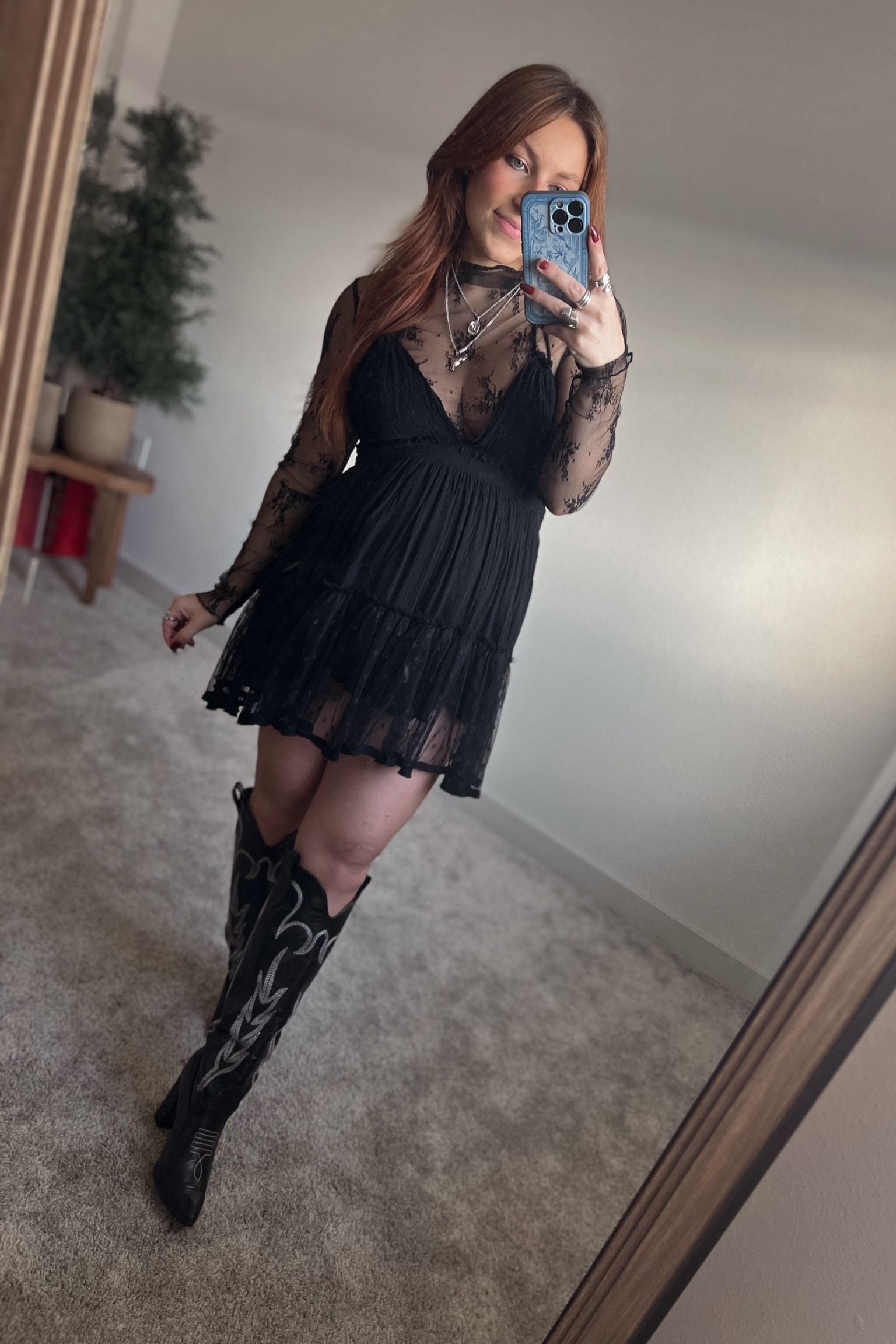 Maternity - ootd - Amazon Lace Long Sleeve - Shein Boho Mini Dress - Shein Cowboy Boots - Spoon Rings - Cowgirl Silver Layered Necklace 

#LTKbump #LTKstyletip #LTKshoecrush