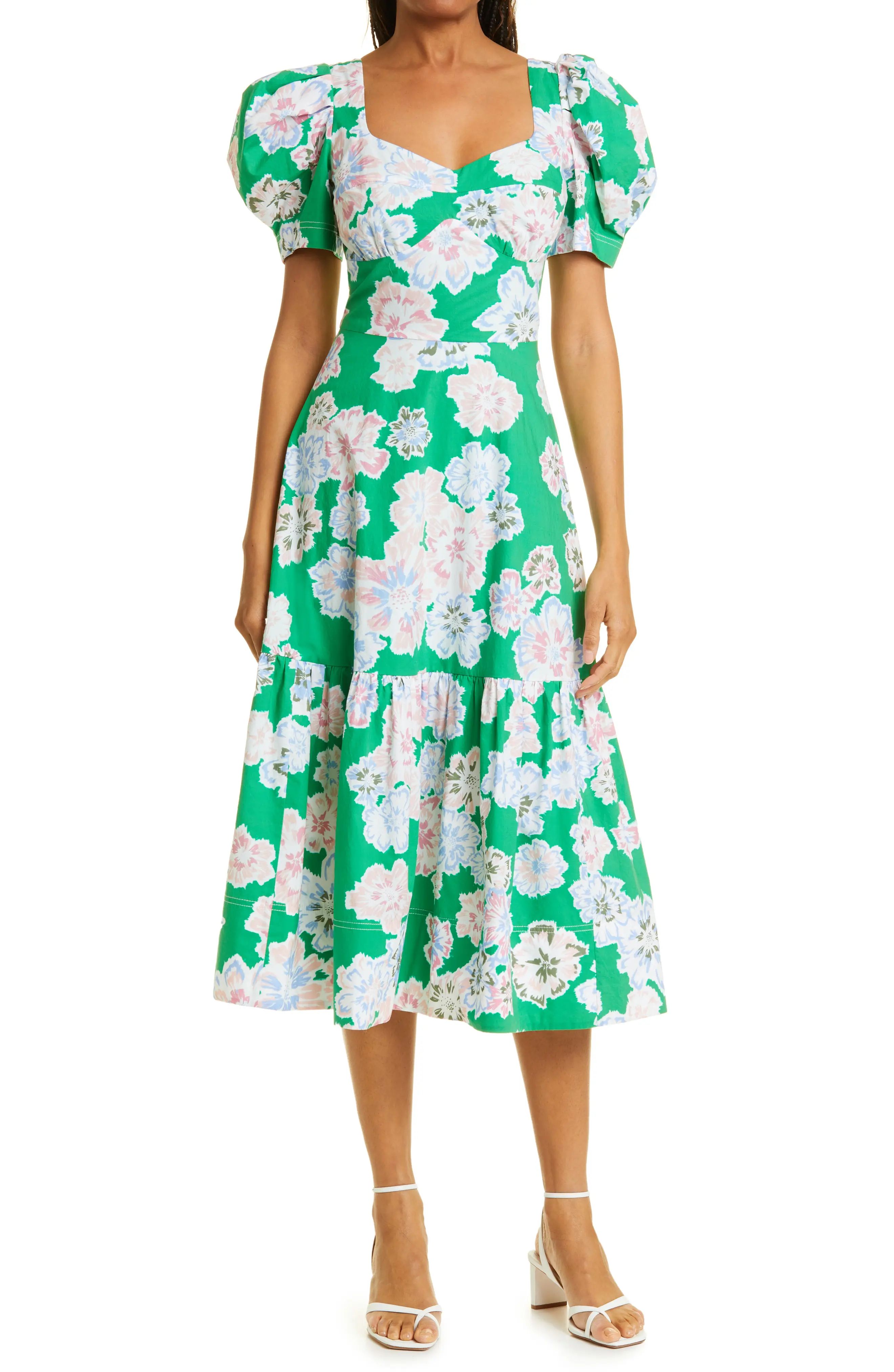 Tanya Taylor Danielle Floral Print Puff Sleeve Dress in Chalk Floral Kelly Green Multi at Nordstrom, | Nordstrom