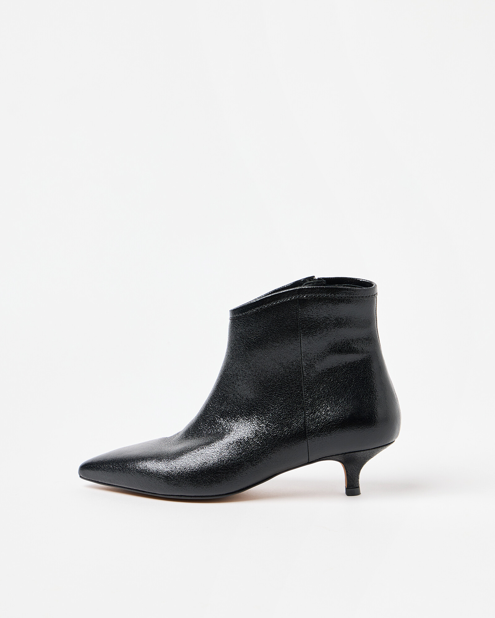 Metallic Black Pointed Kitten Heel Ankle Boots, size UK 5 | Oliver Bonas (Global)