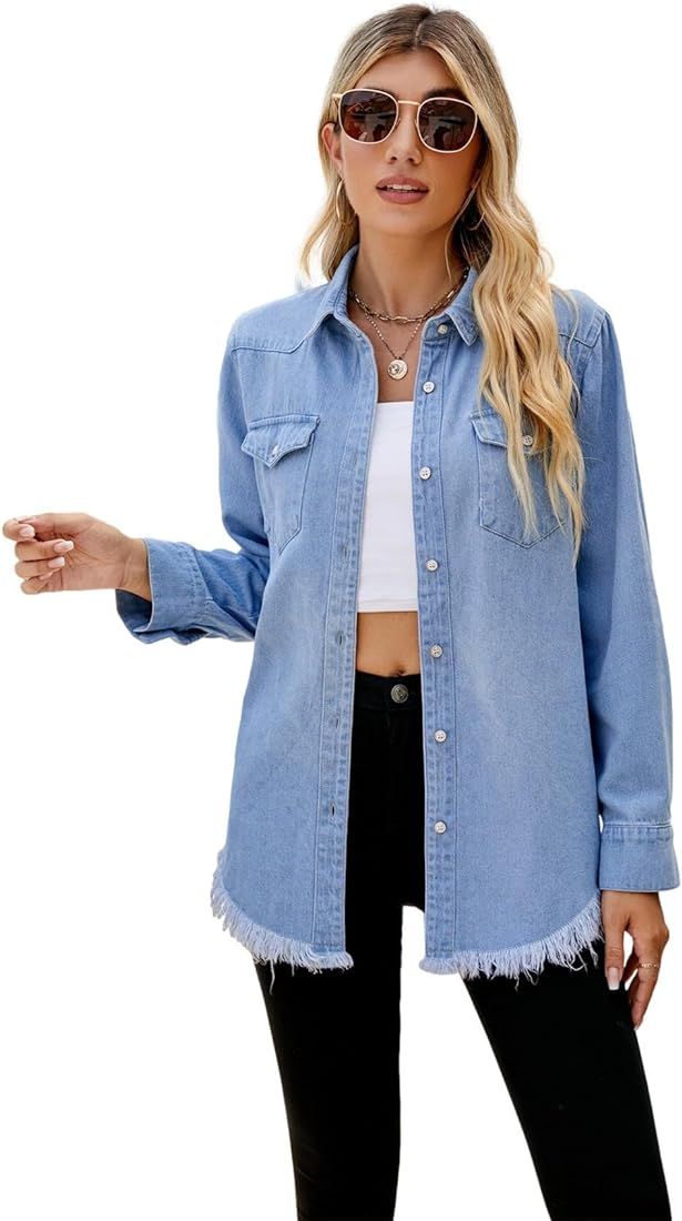 Suyaer Women's Button Down Denim Shirt Casual Long Sleeve Raw Hem Jean Tops Blouse | Amazon (US)